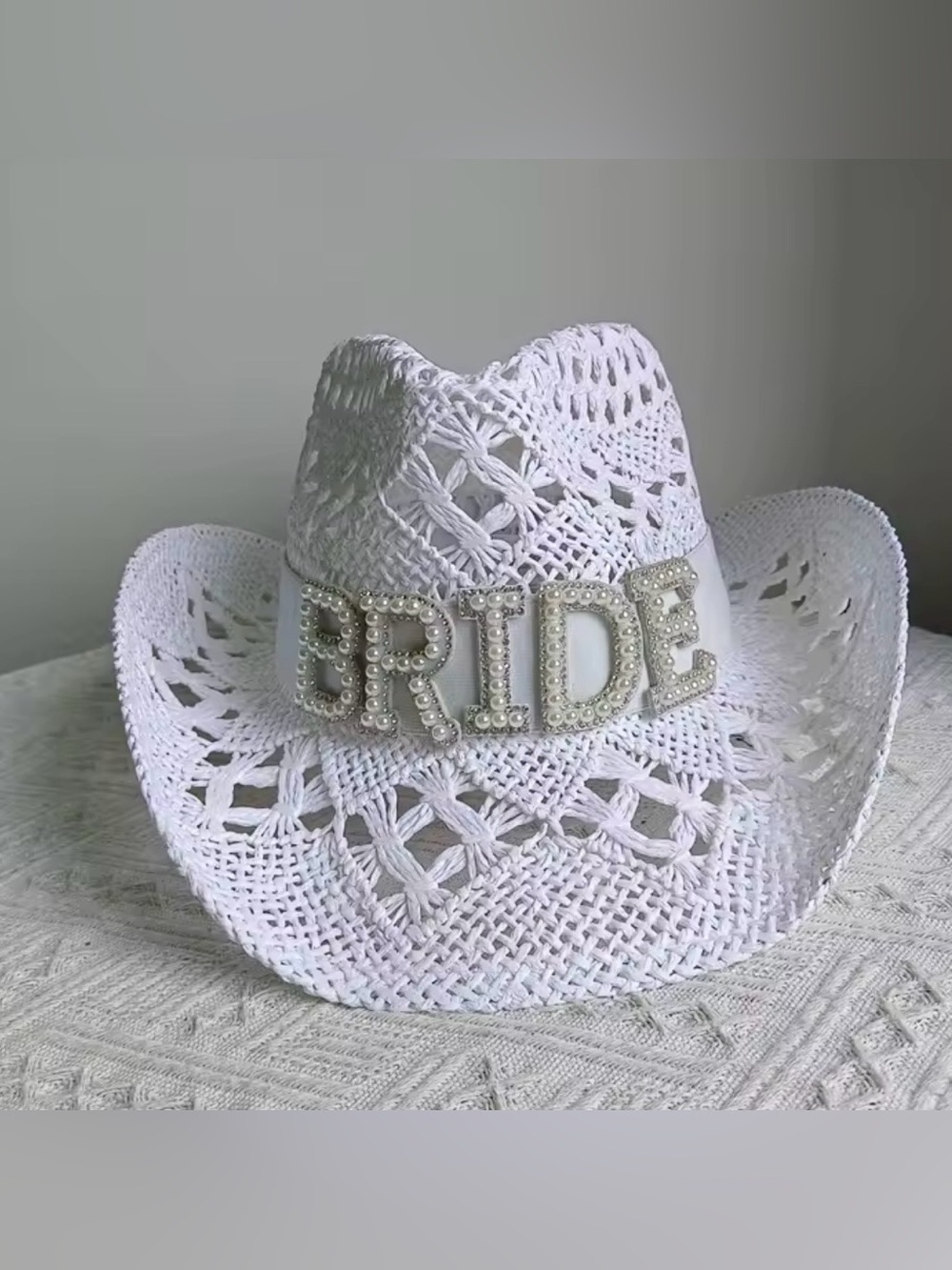 Macy's White Beaded 'BRIDE' Crochet Cowboy Hat